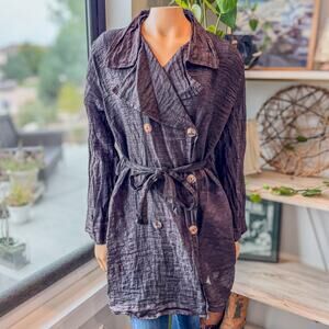 Cut Loose, Sheer Wrinkle Linen Silk Blend Trench Coat Brown w/ Gold Sheen-Medium